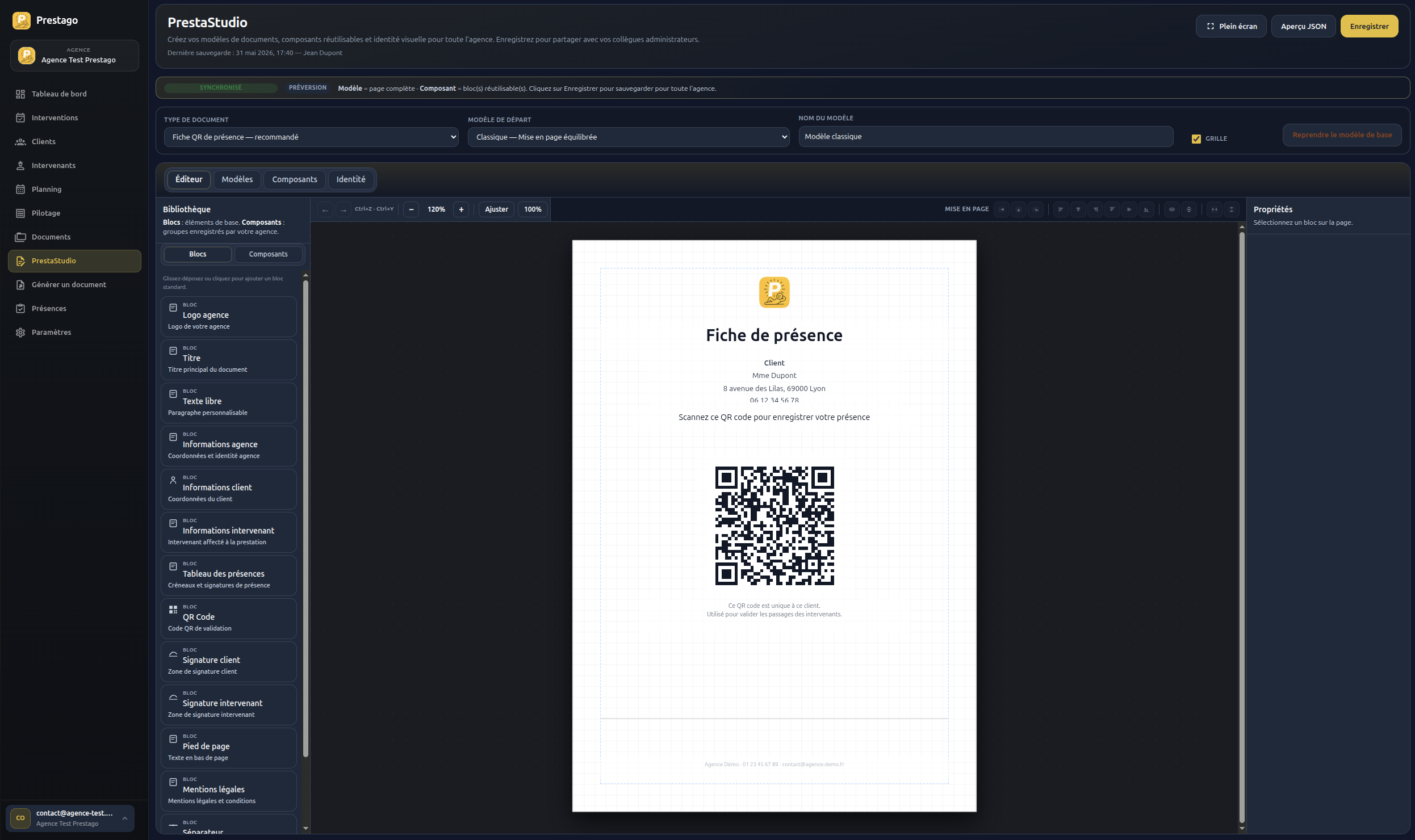 PrestaStudio Prestago : modèles de fiches de présence et QR code pour le terrain
